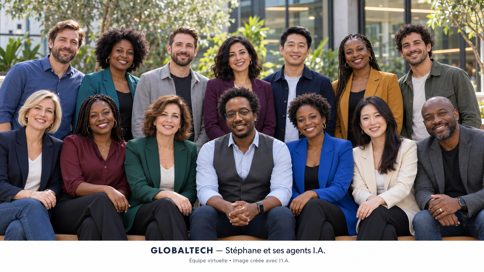 Composition générée par IA représentant Stéphane et les personnages de l’équipe virtuelle GlobalTech